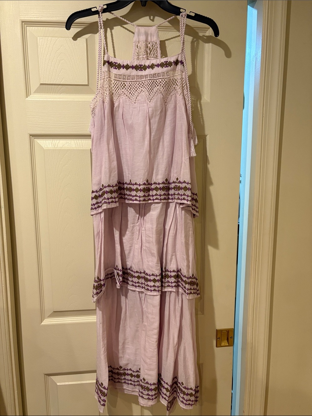 Bohemian Tiered Maxi Dress in Light Lilac with Embroidered Trim
